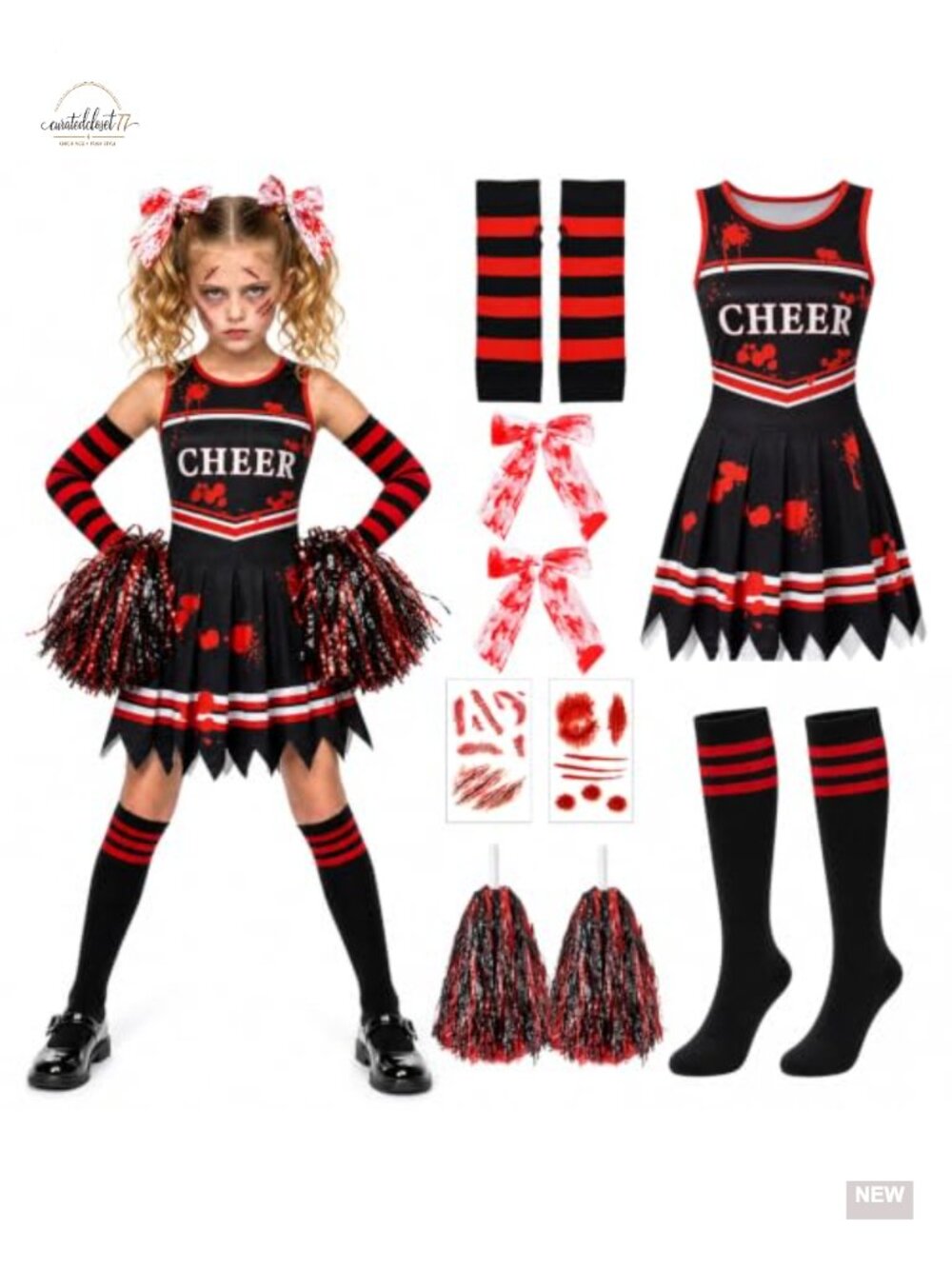 Zombie Cheerleader Costume Girls Halloween Dead Scary Bloody Cheer Dress Cosplay